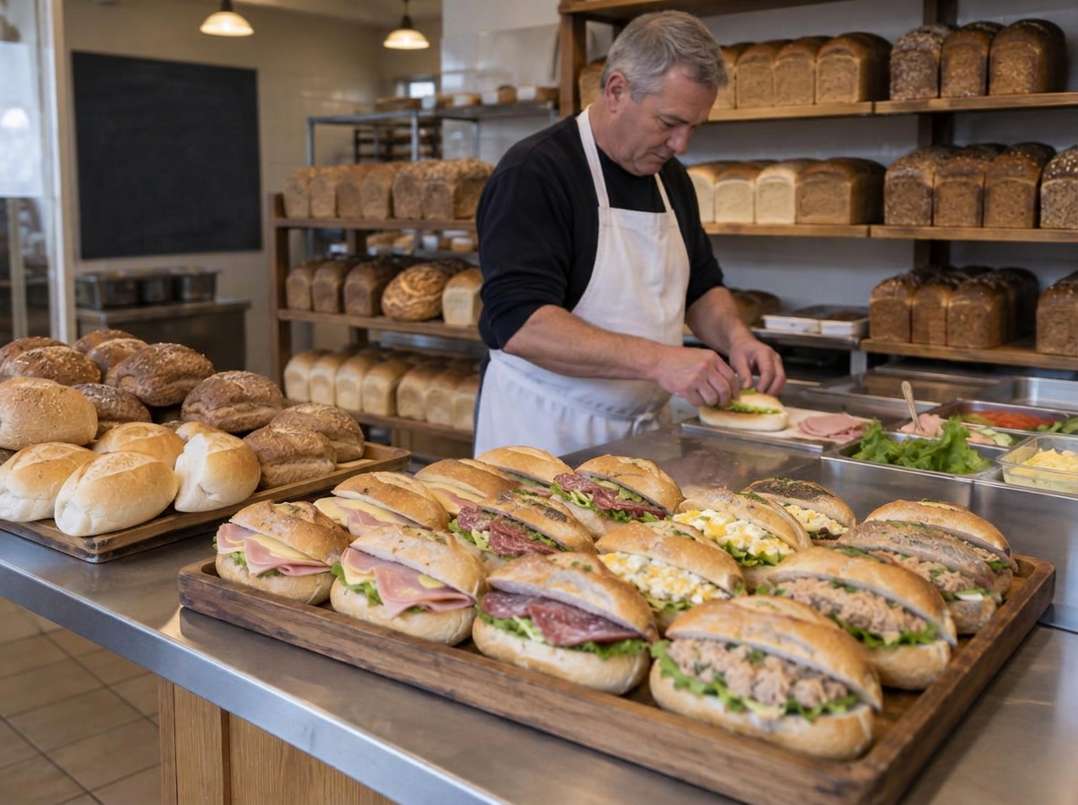 Bakker die belegde broodjes maakt achter de toonbank met busbroden op de achtergrond