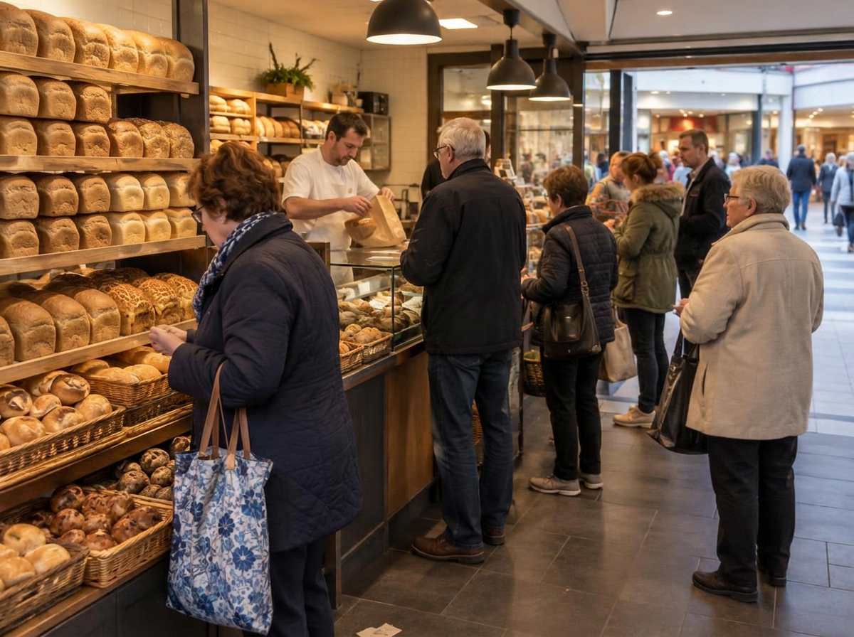 Bakkerij in een winkelcentrum met klanten bij de toonbank en een broodwand vol busbroden