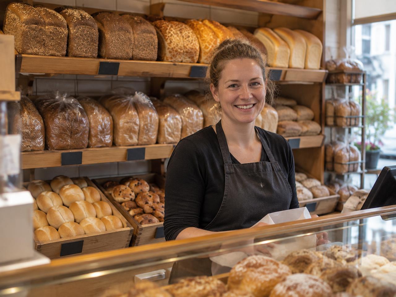 Ambachtelijke bakkers achter de toonbank van hun bakkerij